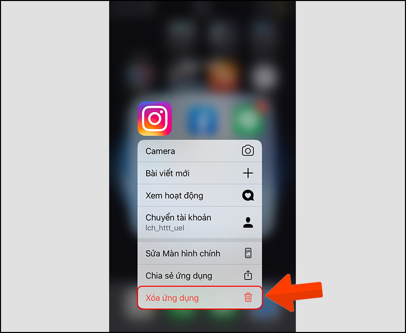 Ấn giữ vào biểu tượng Instagram > Chọn Xóa ứng dụng.